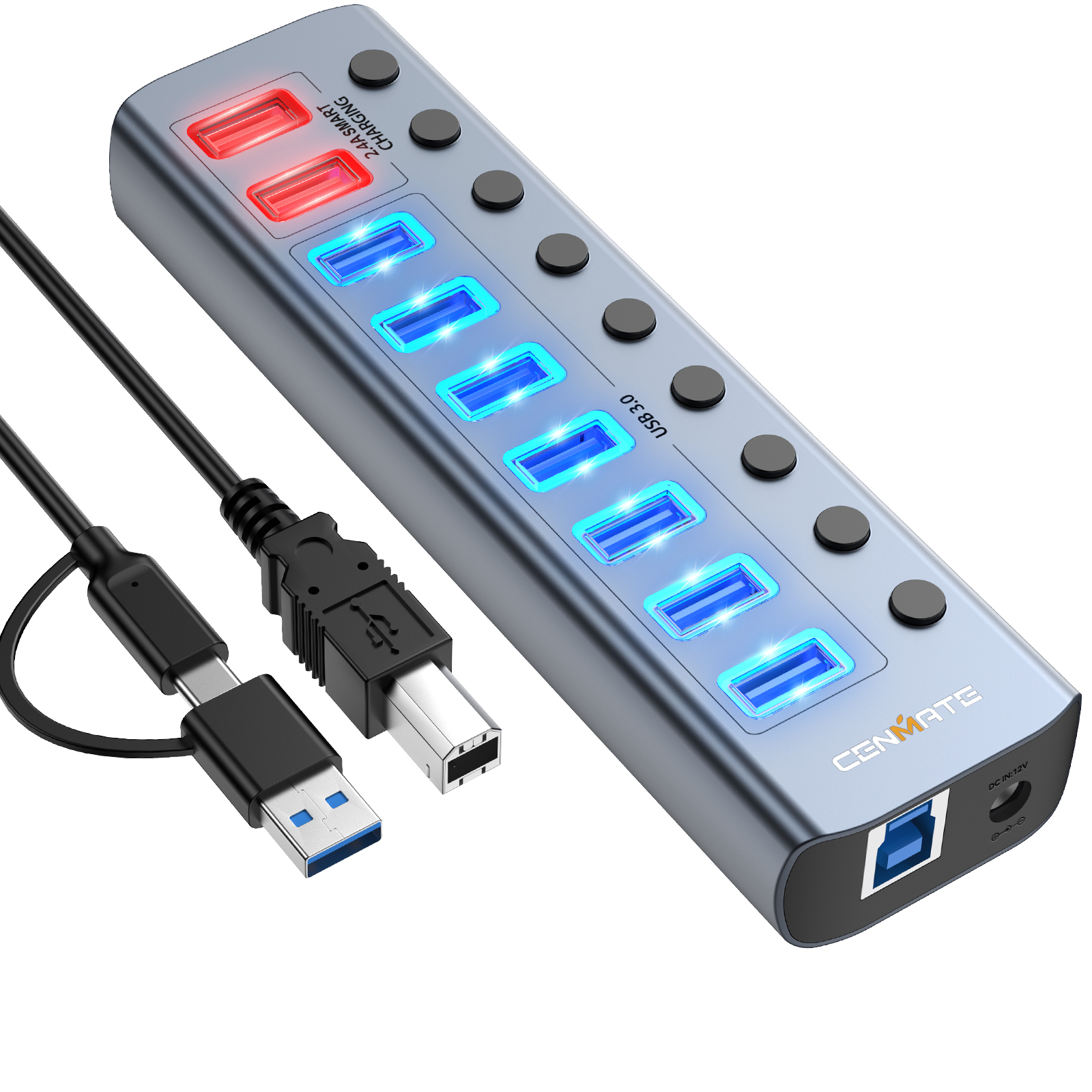 9 Port USB HUB with 7 Port USB 3.0 +2 Port 2.4A Fast Charge